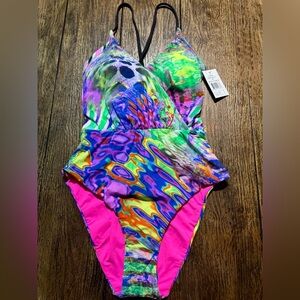 WET Designer Swimwear 1 Piece Neon Multi Sexy Cutout Back Swimsuit SZ Small NWT